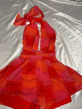 Fashion Nova Red & Pink Halter Backless Dress